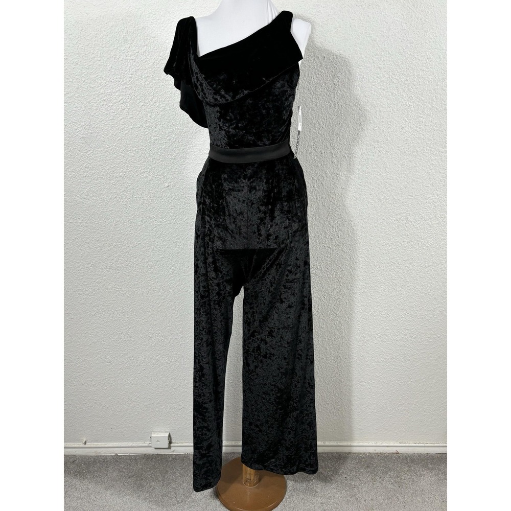 XOXO Jumpsuit Womens XS Black Velvet Stretch Asymmetrical Ruffle